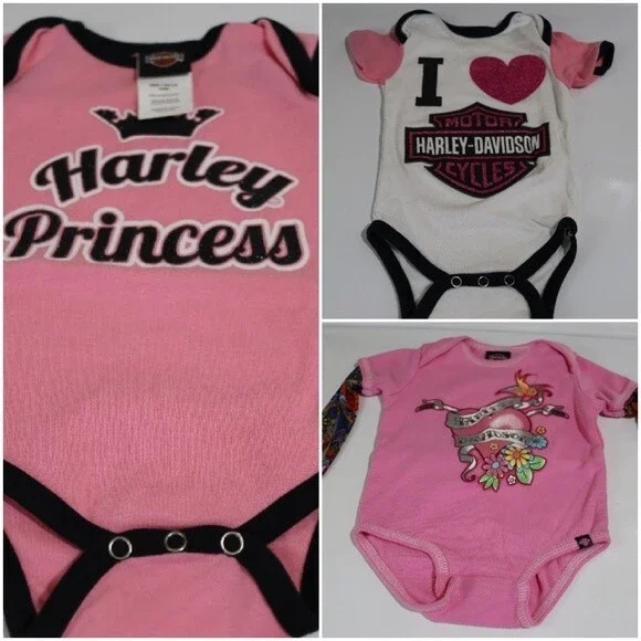 Harley Davidson Baby Girl Body Suits Lot of 3 Tattoo Arm Pink I Love Harley 3-6
