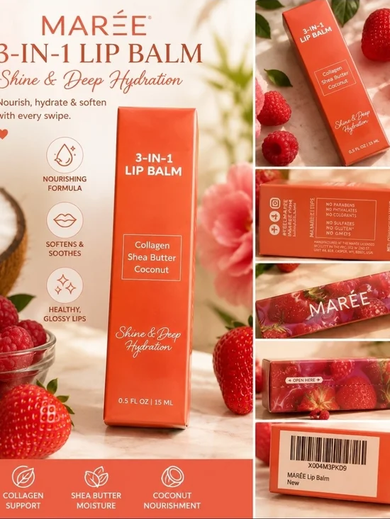 Maree 3-in-1 Lip Balm - Collagen Shea Butter Coconut! Shine & Deep Hydration!