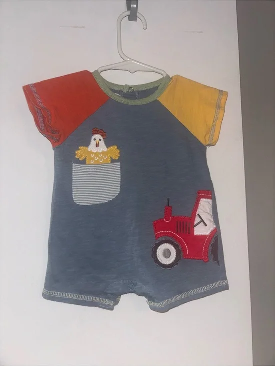Mud Pie Blue Romper with Red Tractor and Multicolor Sleeves