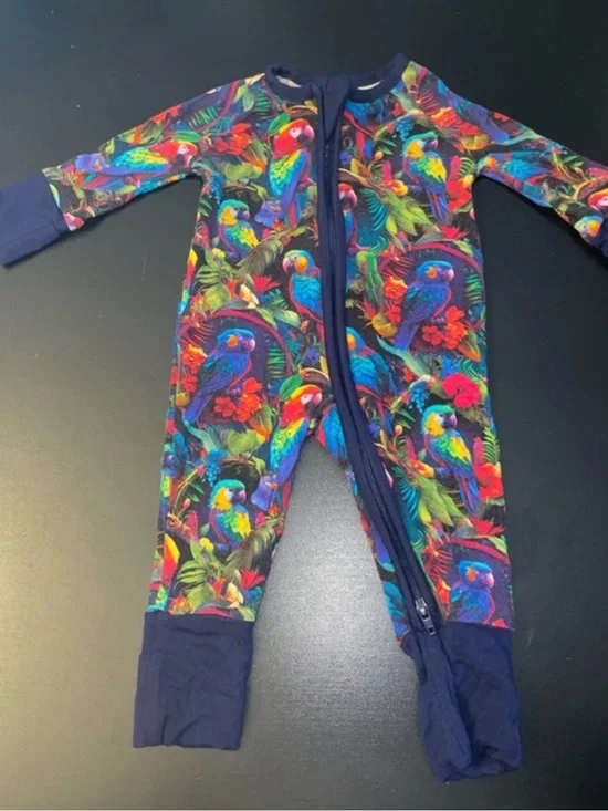 Navy Tropical Parrot Print Kids One-Piece Romper