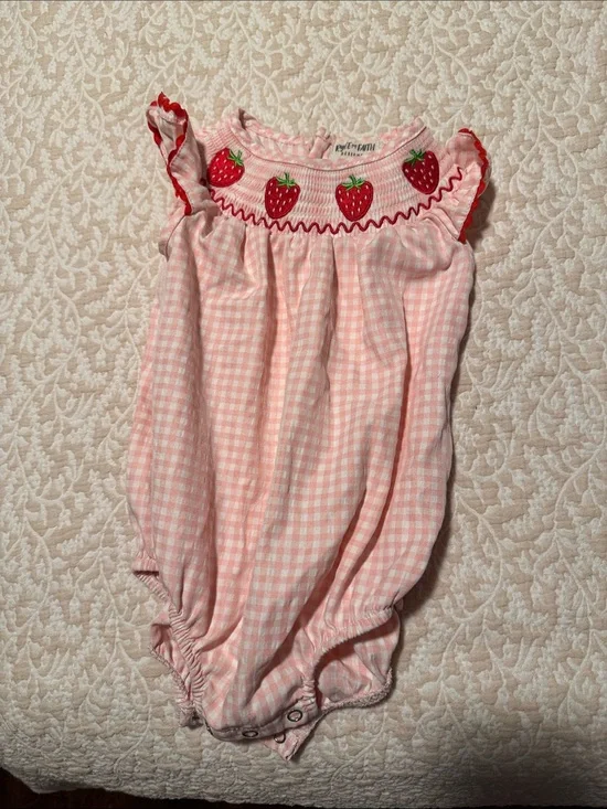 Pink Gingham Strawberry Smocked One-Piece