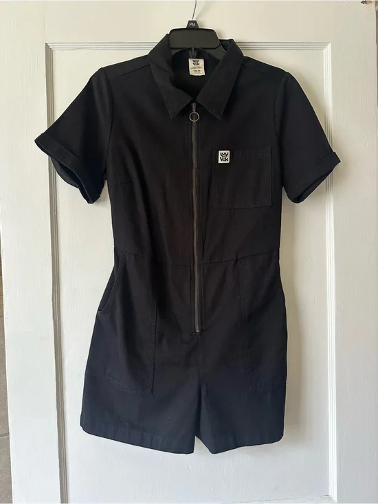Lucy & Yak Riley Playsuit: ORGANIC COTTON - Black - Black / UK 10 Size Small