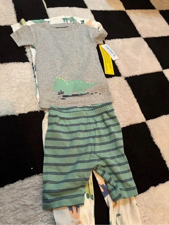 Carter's Gray Tee with Green Dinosaur & Green-Striped Pajama Shorts