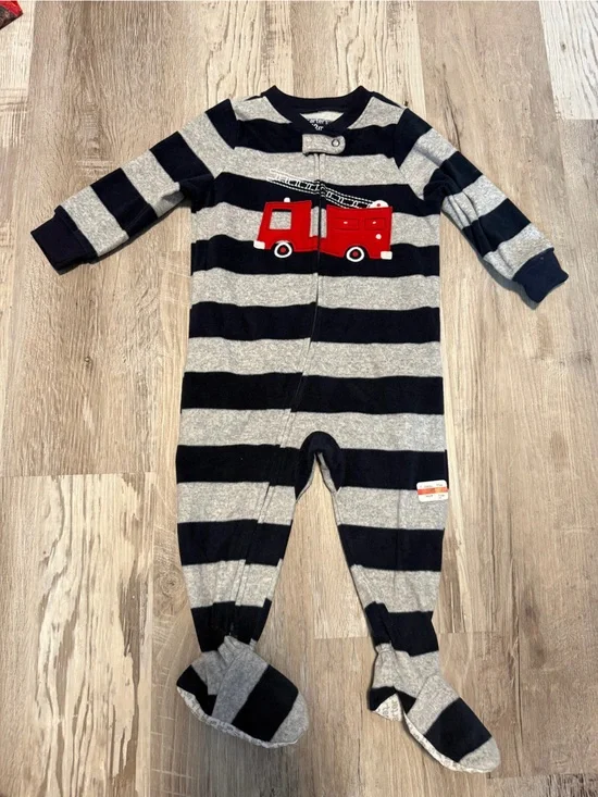 Carter's Navy & Gray Striped Footie with Red Fire Truck