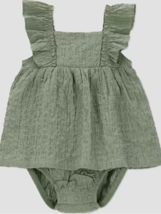 Carter's Baby Girls 2-Piece Green Seersucker Dress & Bloomers Set Sleeveless 12M