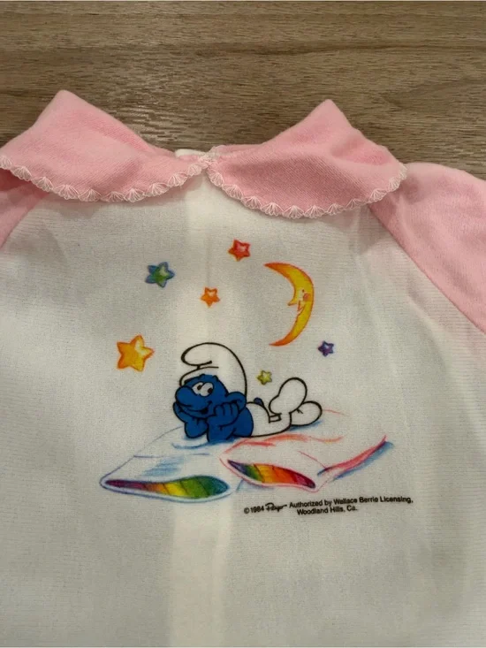 Vintage 1984 Smurfs Baby Footed Sleeper Pajamas Pink Collar Wallace Berrie 80s