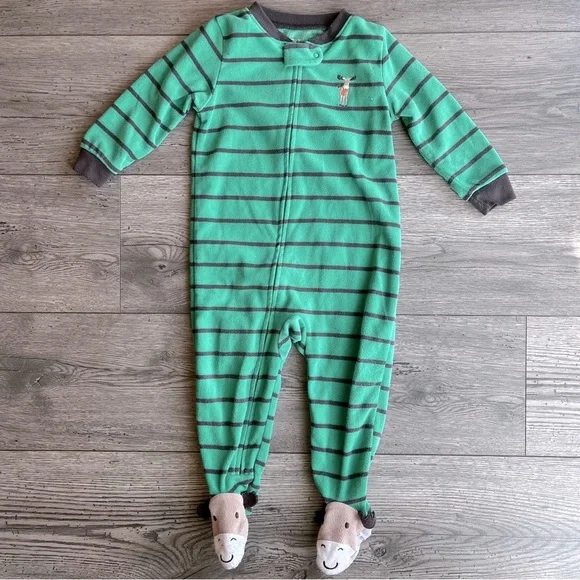 Carter’s Green & Gray Stripe Moose One Way Footed Zippy Pajama