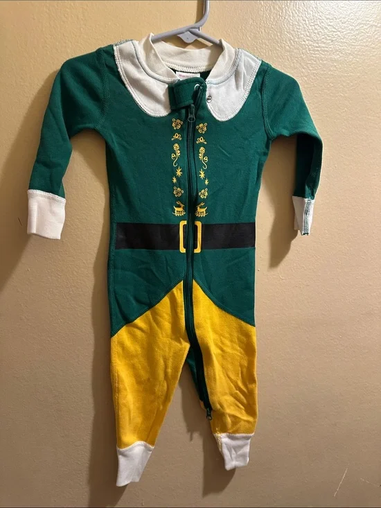 Hanna Andersson Green, Yellow & White Elf Pajamas Zipper Jumpsuit