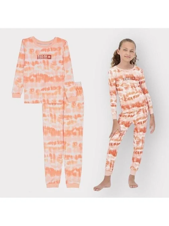Lucky Brand NEW Long Sleeve Pajama Set Girls sz 8 NWT Coral Orange White Tie-Dye