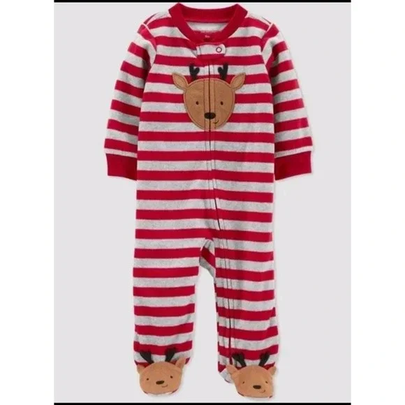 Baby boys girls Carter's Reindeer Striped Fleece Footed Sleeper Pajama Size NB