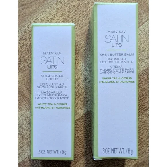 Mary Kay Satin Lips White Tea & Citrus Shea Butter Balm & Sugar Scrub .3 oz NEW