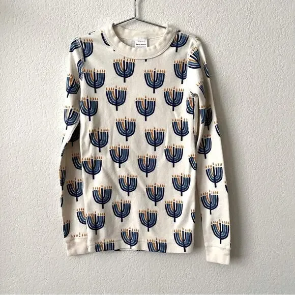 Hanna Andersson ivory cream blue Hanukkah menorah print long sleeve pajama top
