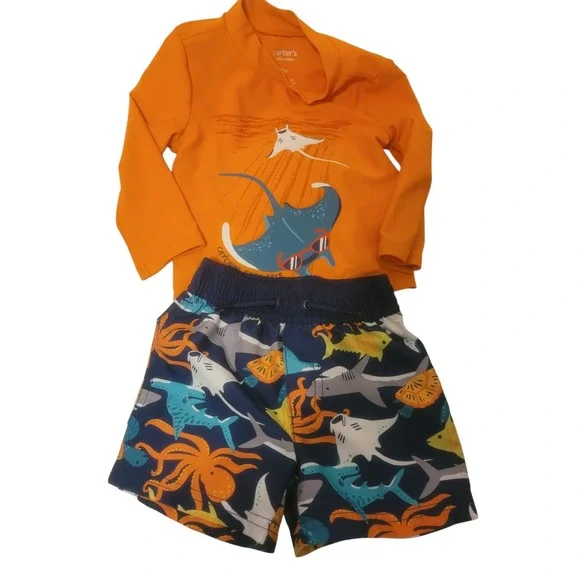 Carters Child of Mine Baby Boys‎ 12M Rash Guard Swim Trunks Set Orange Navy Blue