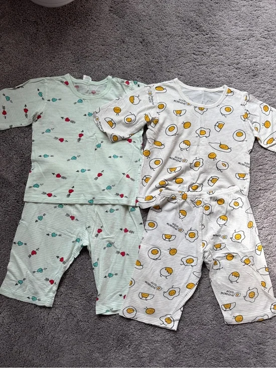 Korean Brand Kids Short Sleeve Pajama Sets - Mint Arrow & White Sunny Egg Prints