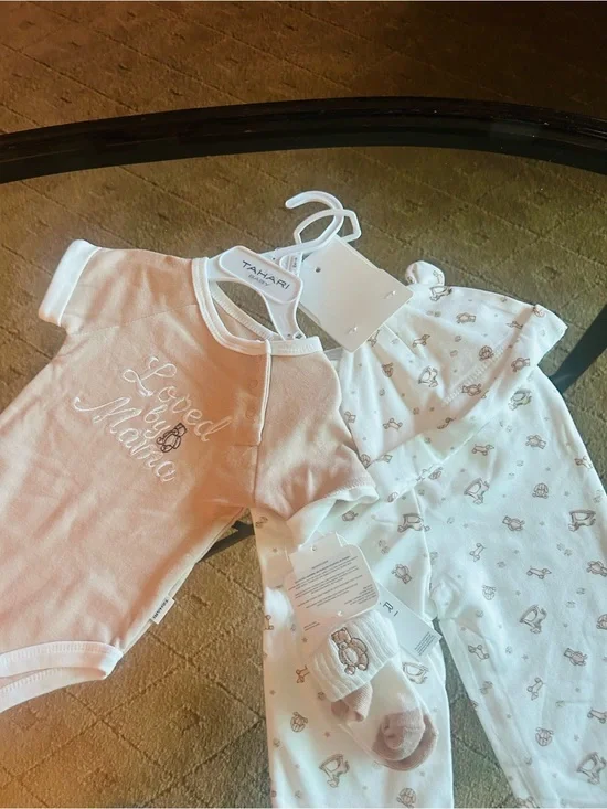TAHARI beige Loved by Mama' Baby Pajama Set