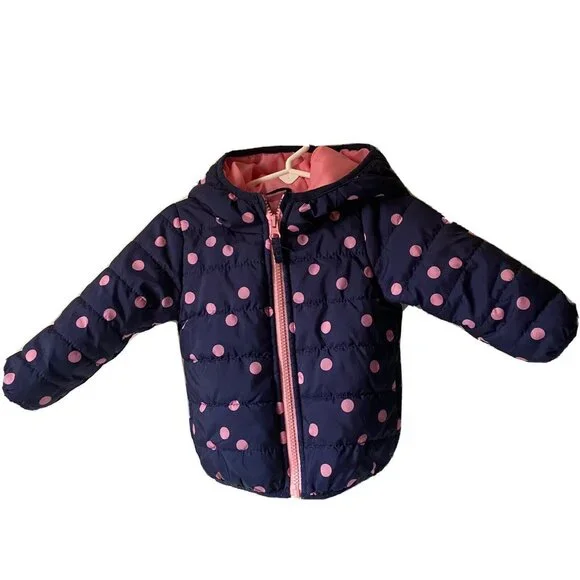 Carter's puffer pink polka‎ dot snow jacket hood zip toddler baby girl size 12 M