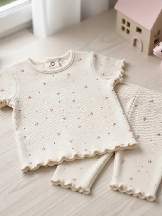 Cream Floral Short Sleeve Ribbed Pajama Set for Kids