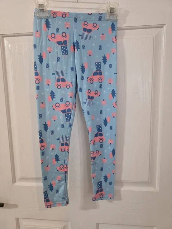 Dot Dot Smile Light Blue Leggings with Pink Car Print