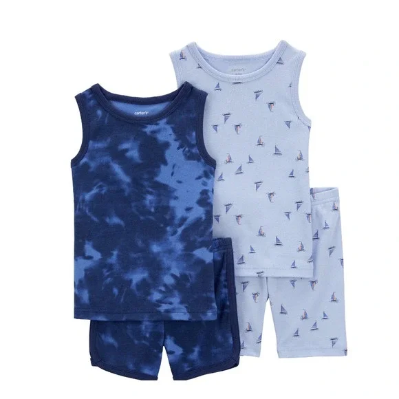 Carter's Baby Boy 24 Mos Sailboat Tye Dye Pajama 4pc Lot Blue Shorts Tank Cotton