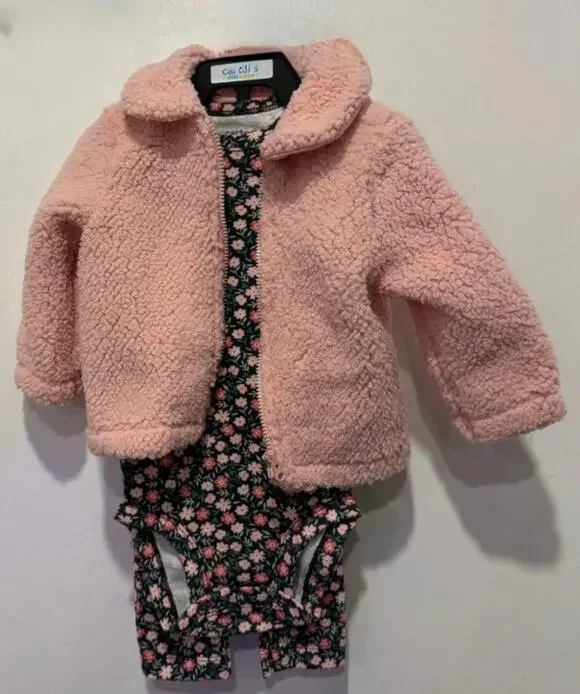 Carters Child of Mine Baby Girl Pink Sherpa Jacket, Floral Bodysuit & Pants 3-6M