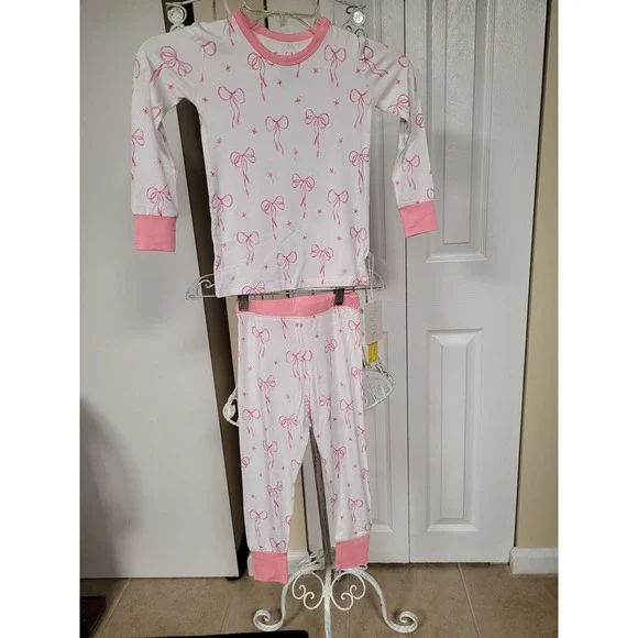 Tiny Cubs and Co Pink Bow Bamboo Viscose Pajama Set Girls 4T NWT