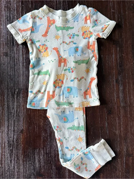 Old Navy Light Green Kids Pajama Set with Orange, Blue and Green Animal Prints