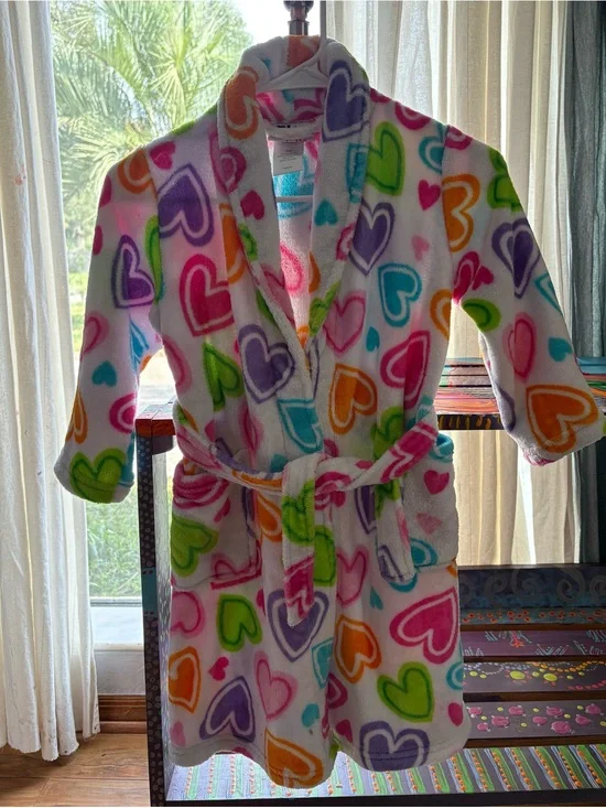 PJ & ME Kids Plush Robe with Colorful Heart Print Size S (6)