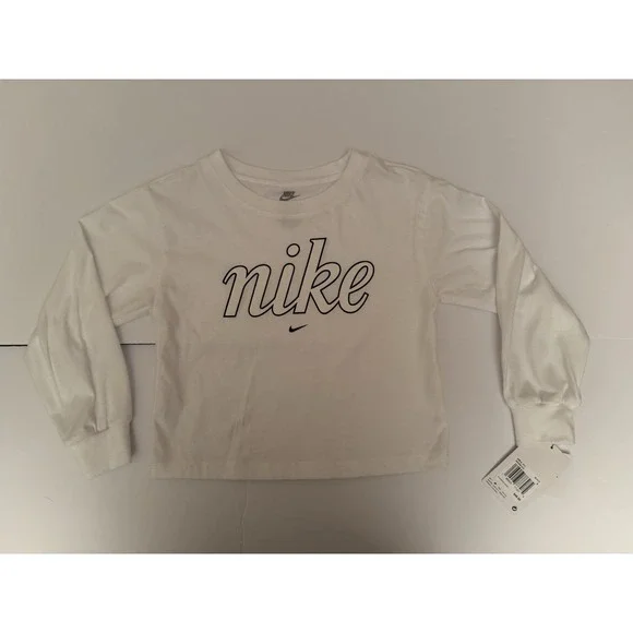 Nike Girls Medium Shirt White Long Sleeve Black Logo Letters Casual Kids Top NWT