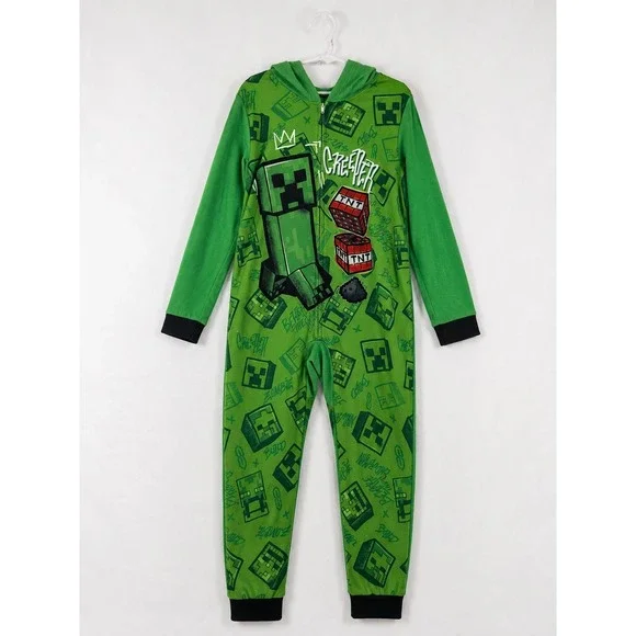 Minecraft Creeper Kids Hooded Fleece Union Suit Green Pajamas Size 10