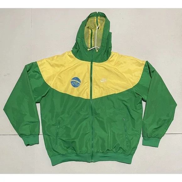 Vintage Nike Brazil Green Yellow Hooded Windbreaker Jacket Mens Large Vents