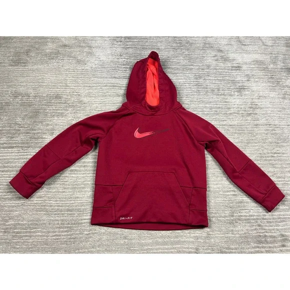 Nike Hoodie Unisex Kids‎ Size 7 L Burgundy Dri-Fit Fleece Pullover Swoosh Logo