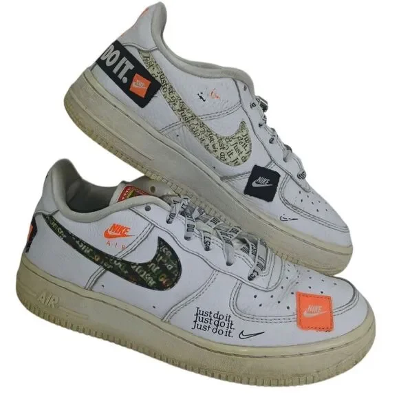 Nike Air Force 1 Girls Low Cut 'Just Do It' White Sneakers - Size 5Y