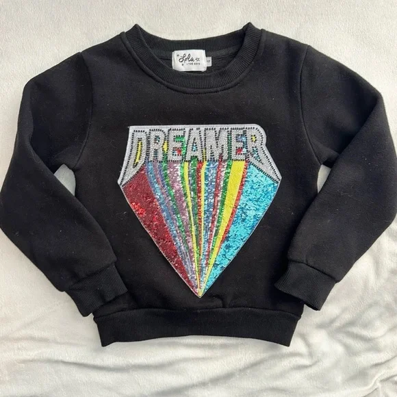 Lola + the Boys Beaded & Sequins “Dreamer” Patch Sweatshirt Girls 4 black flashy