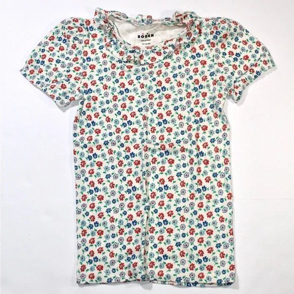 Mini Boden Cream White Short Sleeve Pointelle Tee with Red & Blue Floral Print