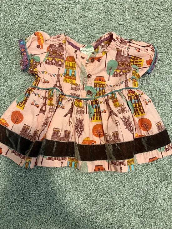 Matilda Jane Pink Paris-Print Dress with Brown Velvet Trim