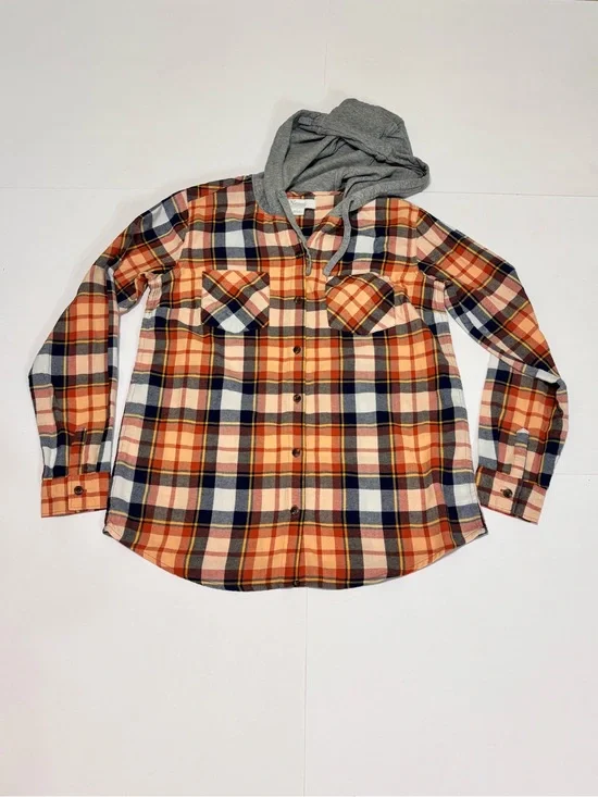 Natural Reflections Orange, Navy & Gray Plaid Hooded Button-Down