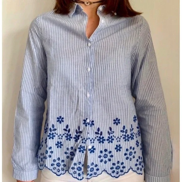 NWT Zara Size 7 Girl Eyelet Striped‎ Blue Blouse Collared Long Sleeve Cotton