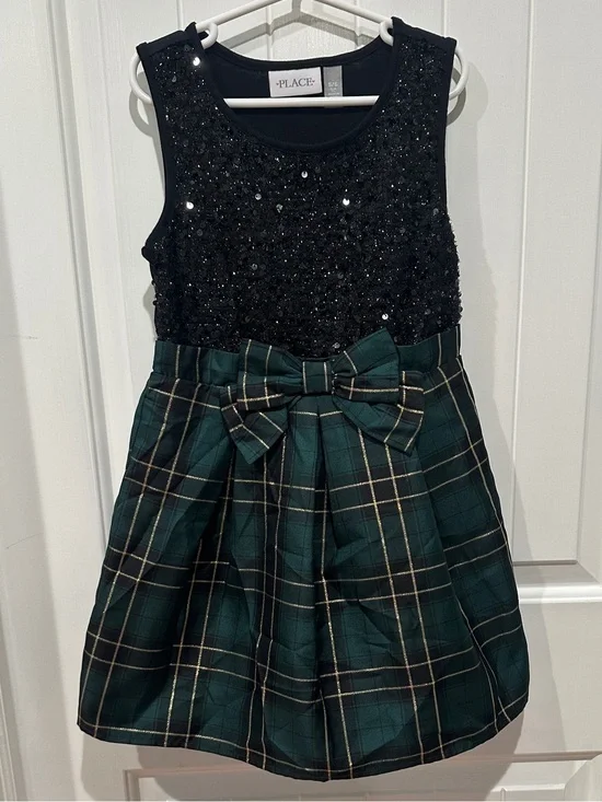Children’s Place Dress- Black Sequin Top with Dark Green Plaid Bow Skirt - Girls