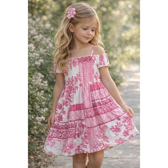 Girls Place Pink Floral Smocked Dress‎ Off Shoulder Size 5/6 Summer
