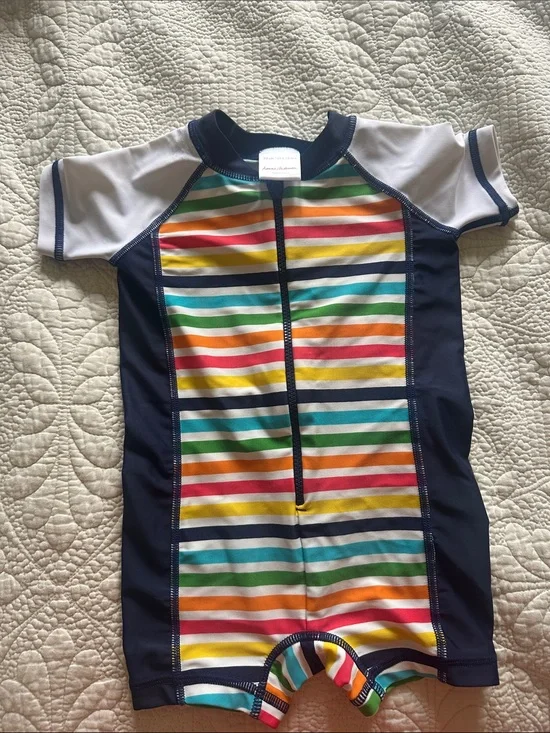 Hanna Andersson Navy & Multicolor Stripe Short-Sleeve Swim Sunsuit