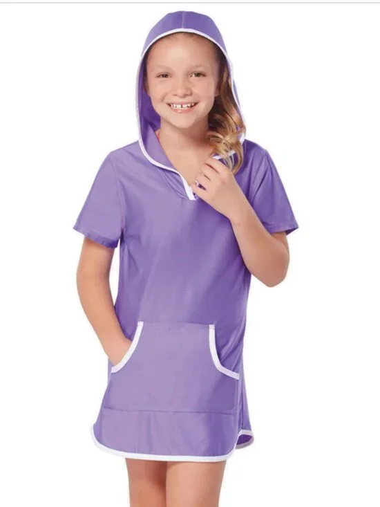 Free Country Youth Girl's Swim Sun Mesh Hooded Kangaroo Cover Up ULTRAVIOLET M