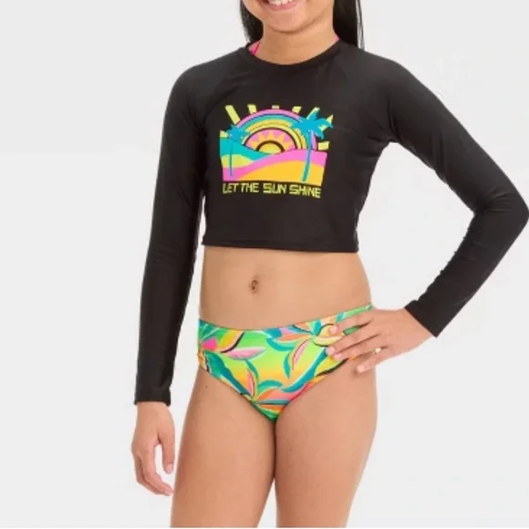 Cat & Jack Girls 3-Piece Tropical Rash Guard Swimsuit Set XL 14 NWT
