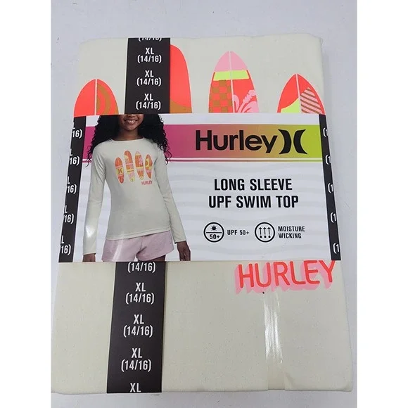 Hurley Girls Long Sleeve‎ Swim Top White Polyester Athletic Size XL 14/16