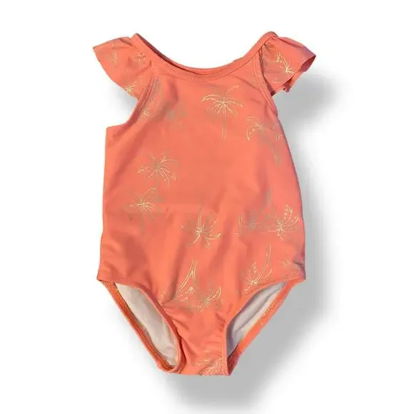 Tea Collection Girls Coral Pink Palm‎ Tree Ruffle One Piece Swim Suit Size 2T
