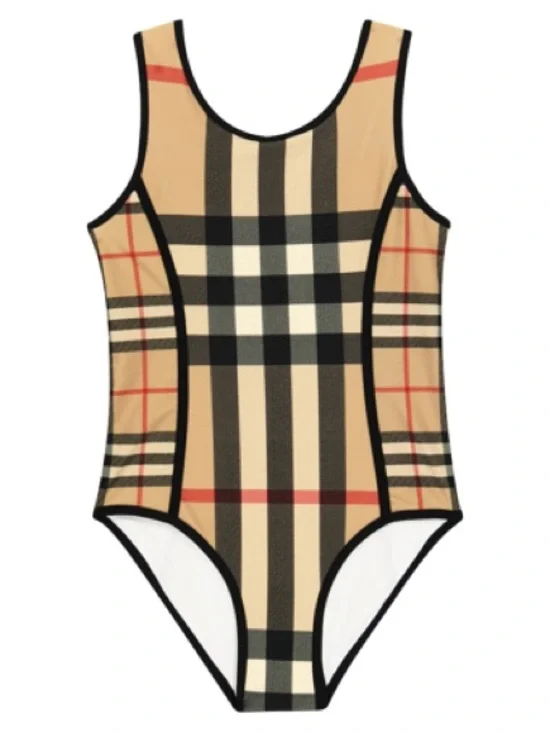 BURBERRY BEIGE SWIMSUIT FOR GIRLS WITH ICONIC CHECK IN ARCHIVE BEIGE CHECK