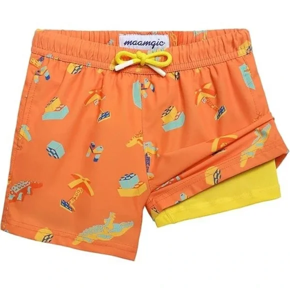 Maamgic Boys Orange Building Block Tropical 2-in-1 Swim Trunks Size 5/6