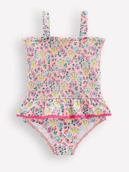 Mini Boden Peplum Smocked Swimsuit Chalk Pink Butterfly Floral 7-8Y
