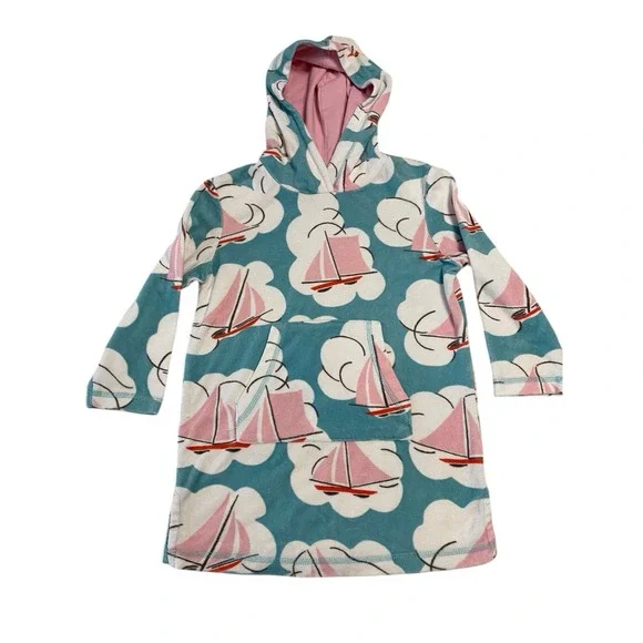 Mini Boden Teal & Pink Sailboat Hooded Kids Swim Coverup Dress