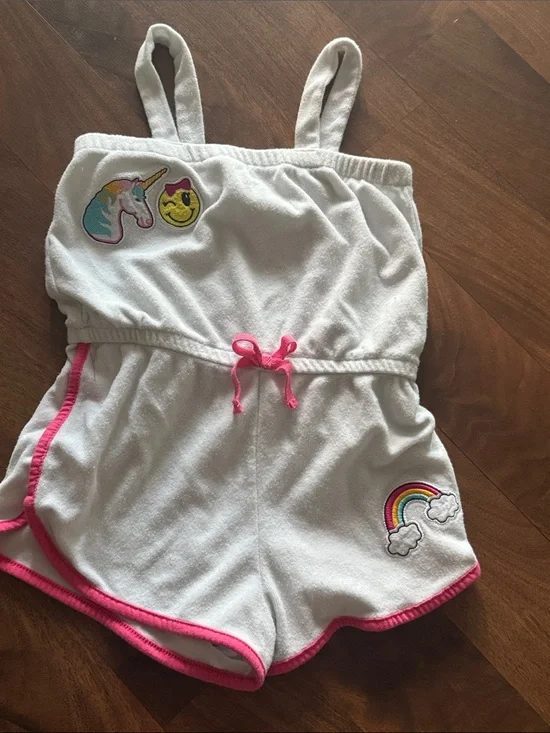 Pink Platinum White Terry Romper with Pink Trim and Rainbow & Unicorn Patches