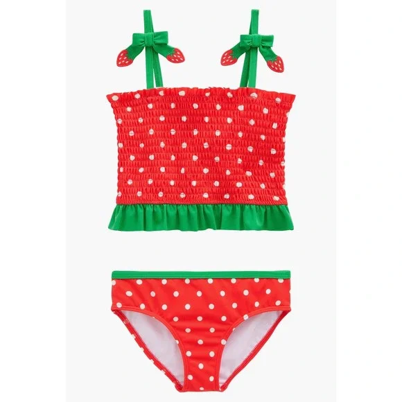 Mini Boden Strawberry Tankini Girls 11-12Y Red Polka Dot Good Smocked Ruffle